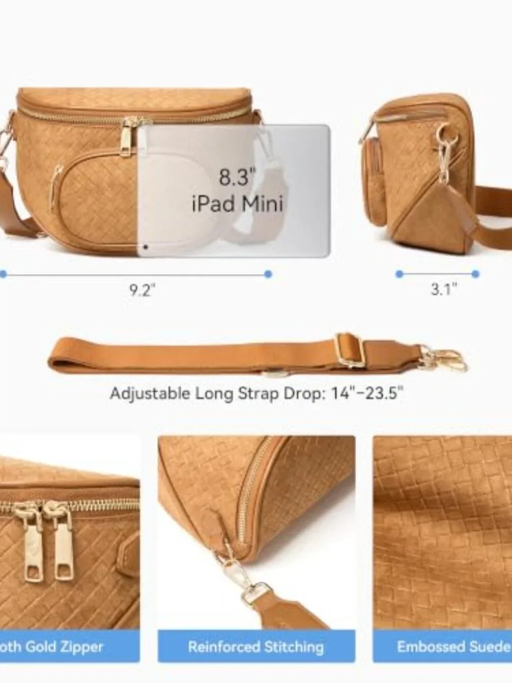 Crossbody Bum Bag Structured Fanny Pack RFID Vegan Leather Suede Adjustable